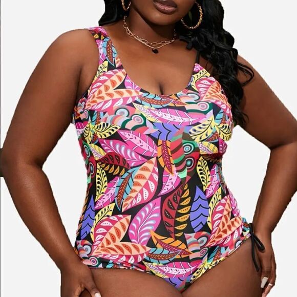 NEW! PLUS Size Bright Boho Tropical Print Side Draw String One Piece Swimsuit - Picture 2 of 6